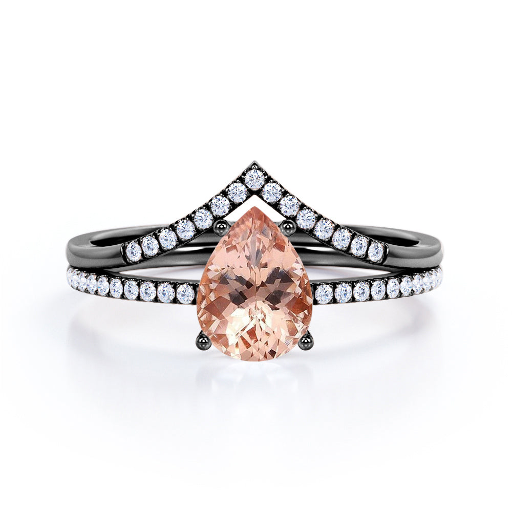 Classic Paved 1.35 carat Pear Morganite and Moissanite Wedding Ring Set For Them in Rose Gold