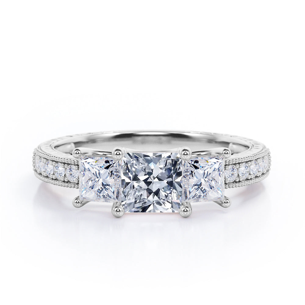 Past, Present and Future 0.50 Carat Princess Cut Diamond Vintage Milgrain Engagement Ring In Black Gold