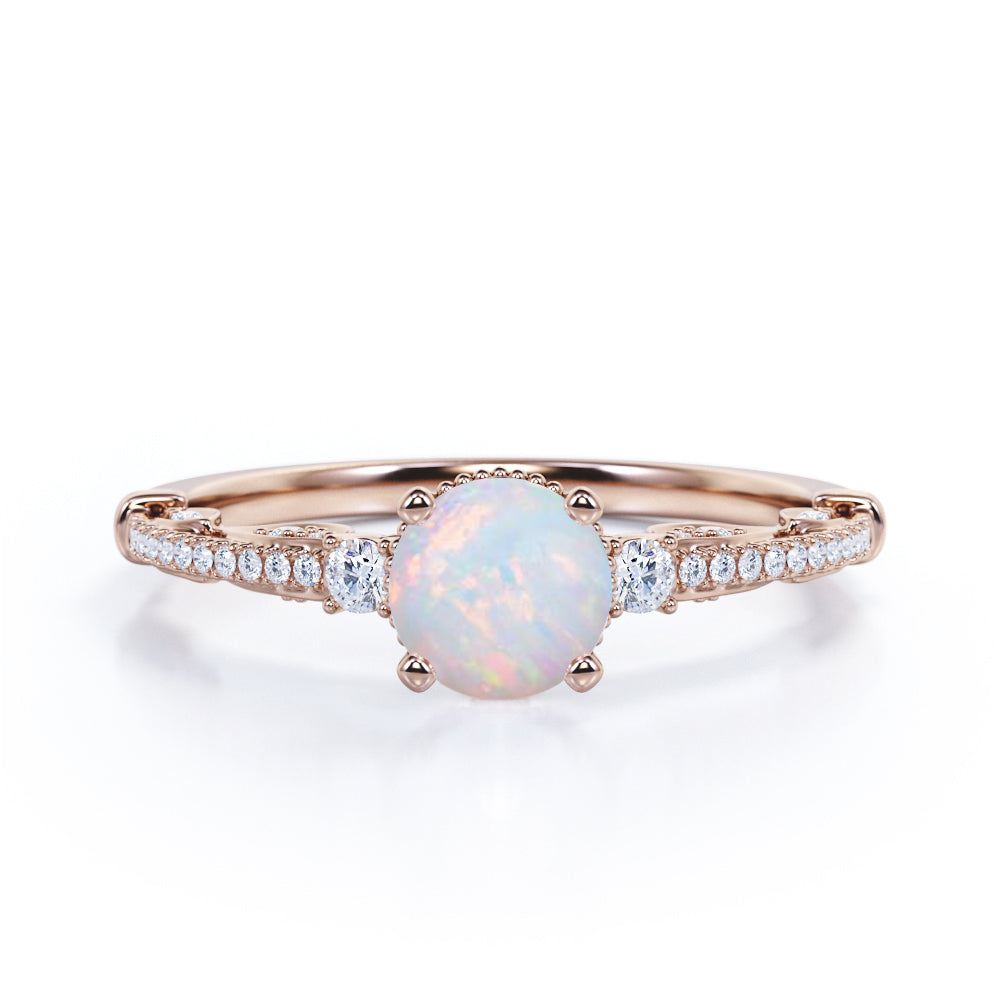 Delicate Micro Pave Set 1.35 Carat Round Cut Fiery Opal And Diamond Art Deco Style Engagement Ring In White Gold