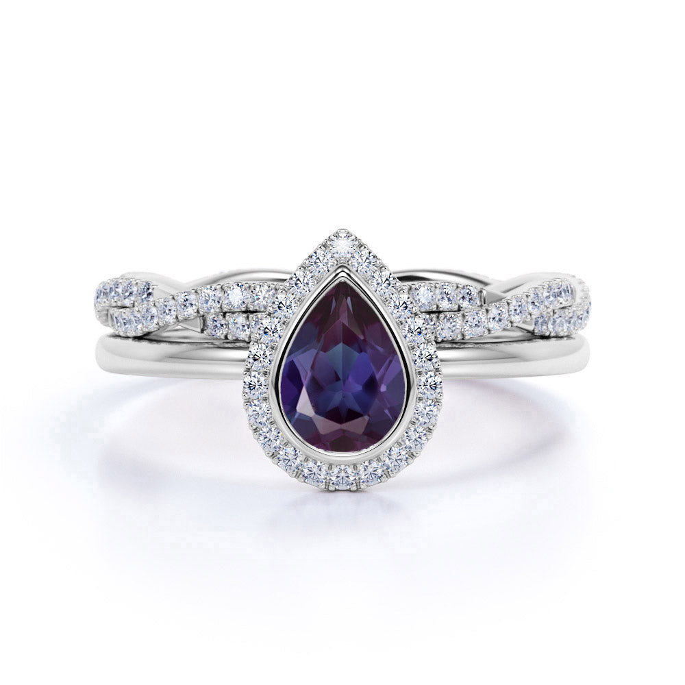 Infinity Bezel Set 1.75 Carat Pear Cut Synthetic Alexandrite and Diamond Eternity Bridal Set Rings