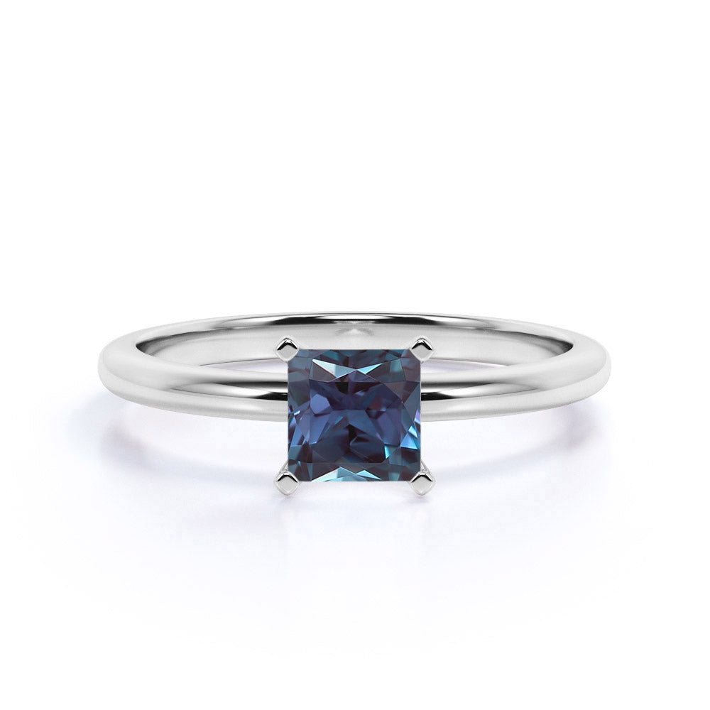 Classic Solitaire 1 Carat Princess Cut Lab Made Alexandrite Plain Shank Promise Ring - Engagement Ring for Women