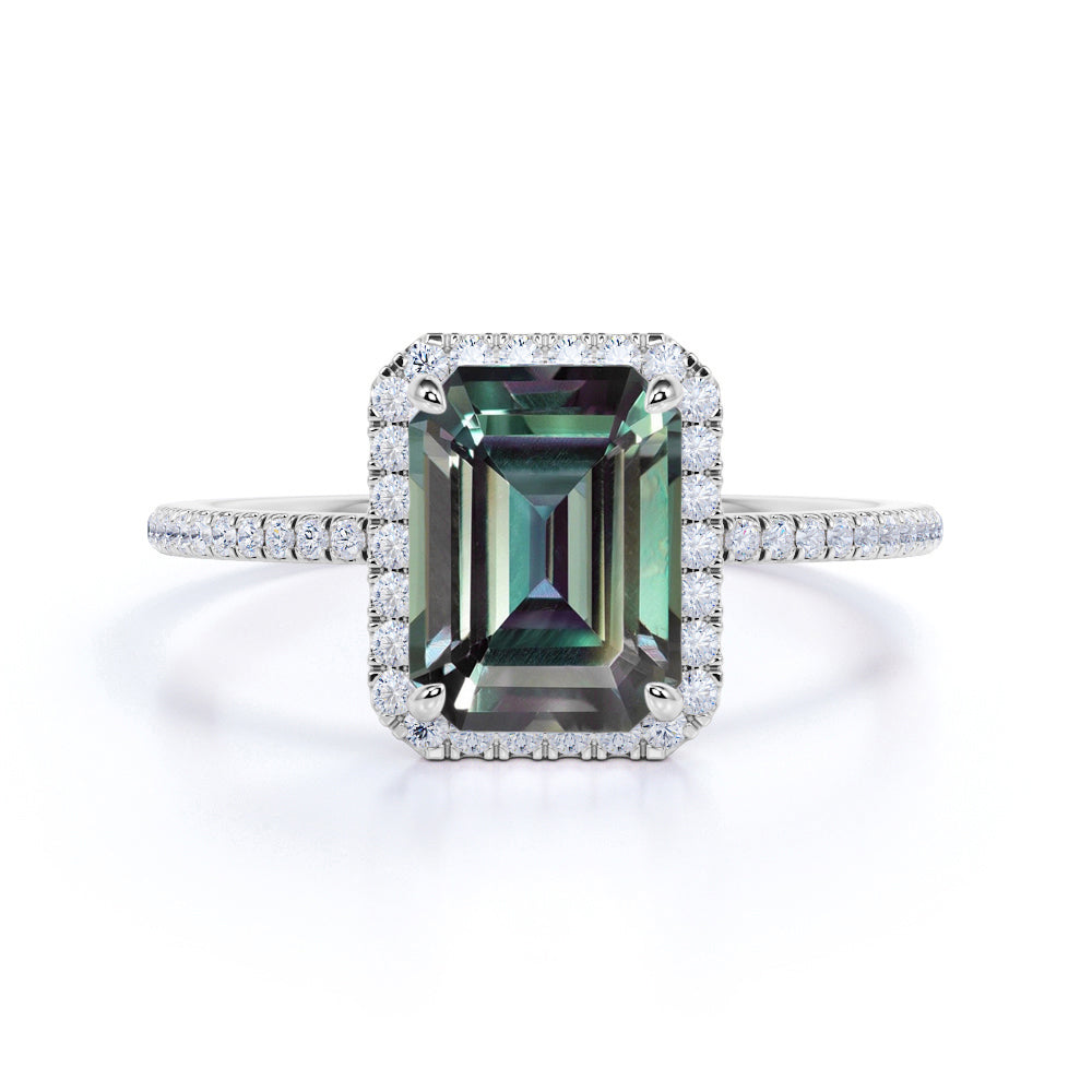 Flawless Halo 1.50 Carat Emerald Cut Lab Created Alexandrite and Diamond Pave Engagement Ring