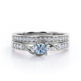 Trilogy Duo Milgrain 0.7 TCW Princess Cut Aquamarine and Moissanite Vintage Bridal Ring Set in White Gold