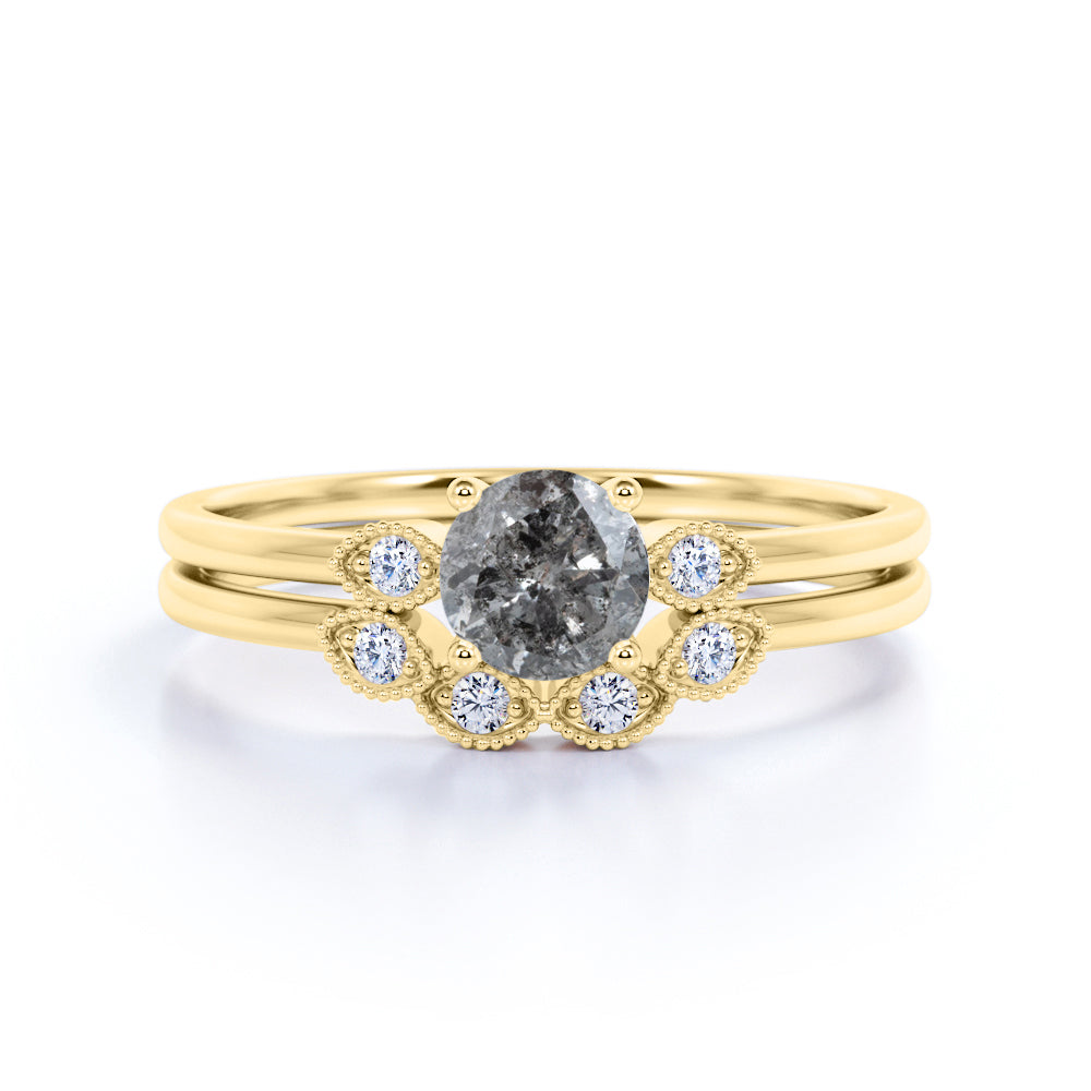 Minimalist 3 Stone 0.75 Carat Round Cut Icy Dark Grey Salt and Pepper Diamond and Curved Art Deco Band Wedding Ring Sets