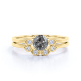 Minimalist 3 Stone 0.75 Carat Round Cut Icy Dark Grey Salt and Pepper Diamond and Curved Art Deco Band Wedding Ring Sets