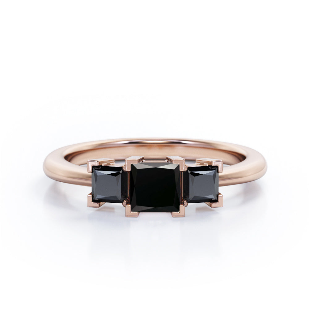 Minimalist Square V-Prong - 1.2 TCW Princess Cut Lab Created Black Diamond - Three-Stone Engagement Ring in White Gold