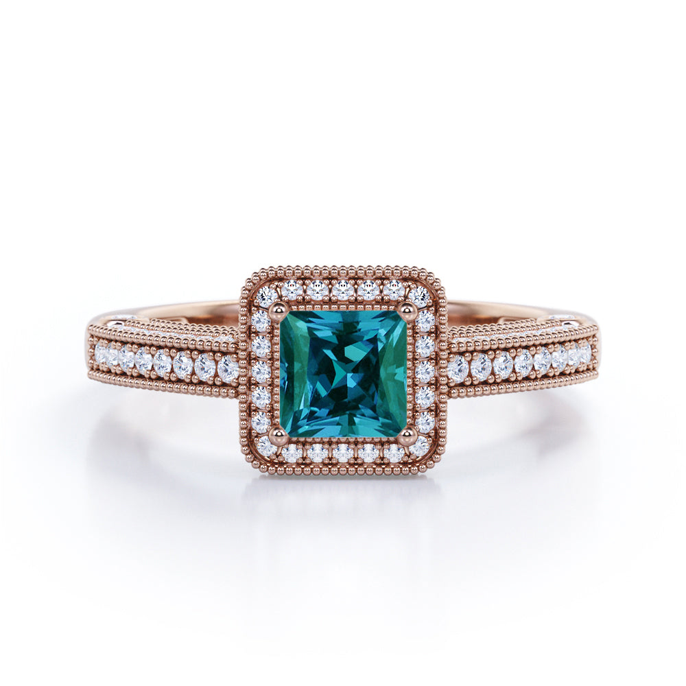 Classic 1.40 Carat Princess Cut Lab Created Alexandrite And Diamond Vintage Milgrain Engagement Ring In White Gold For Her