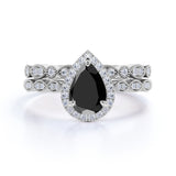 Beautiful 1.75 Carat Pear cut Lab Black Diamond Halo Wedding Ring Set in Rose Gold