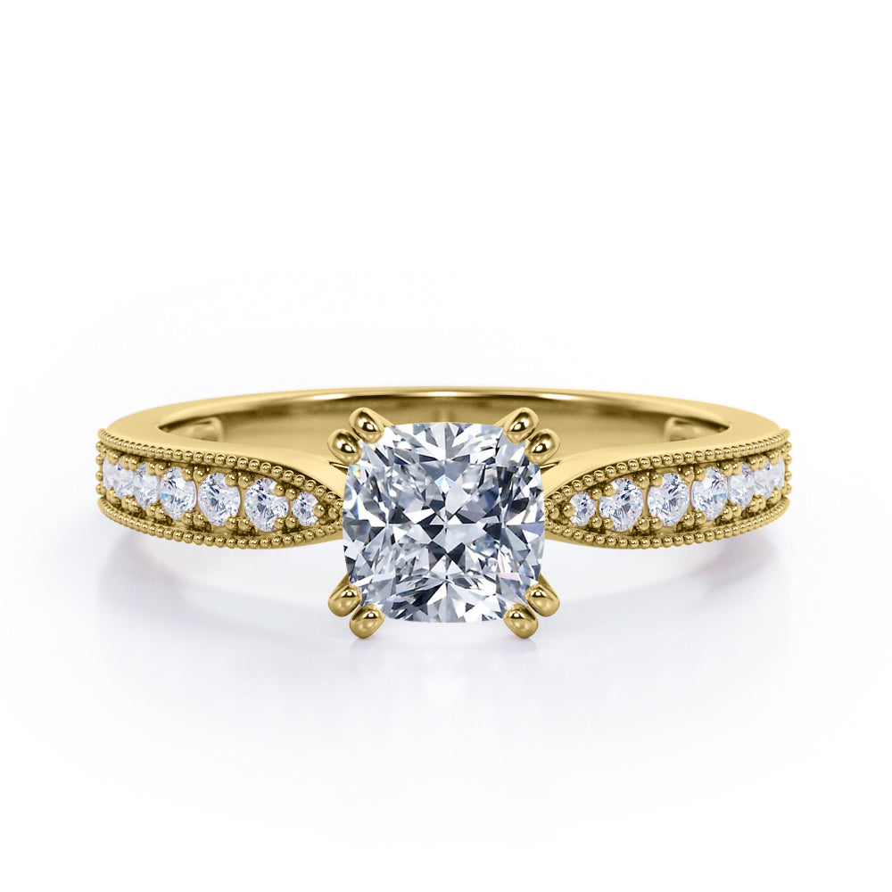 Beaded Eight Prongs 1.25 Carat Cushion Cut Moissanite And Diamond Antique Milgrain Engagement Ring In Rose Gold