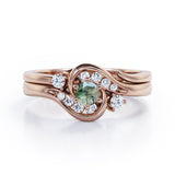 6 Prong Tension Design - 0.55 TCW Round Shaped Green Moss Agate and Moissanite - Flush Chanel Wedding Ring Set - Rose Gold