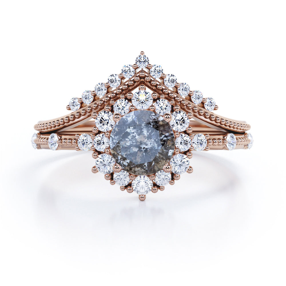 Vintage 1 Ct Round Cut Salt and Pepper Diamond Wedding Ring Set