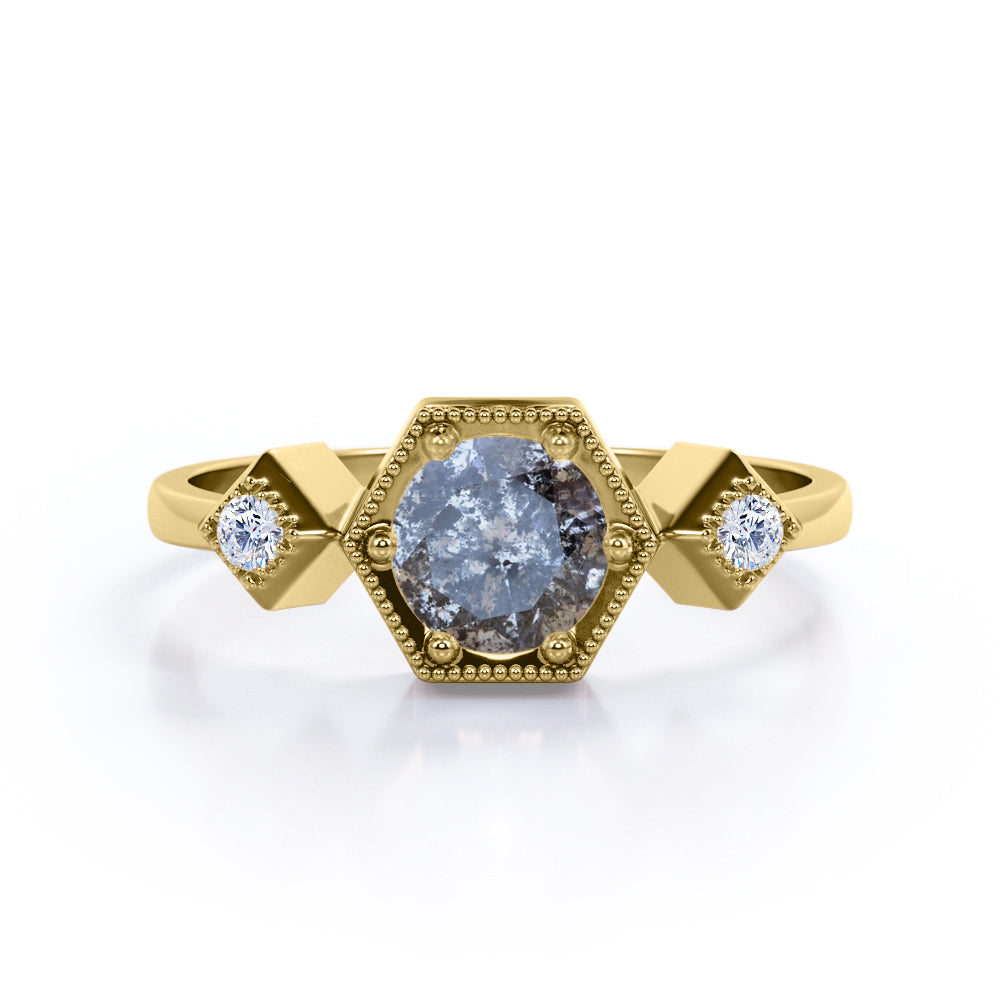 Hexagon Milgrain 0.65 Carat Round Cut Icy Salt And Pepper Diamond Three Stone Engagement Ring In White Gold