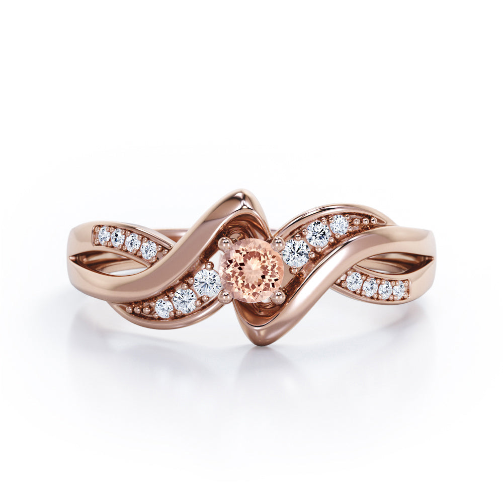 Distorted Unique Twisted Rope 0.6 carat Round Morganite and Moissanites Promise Ring in White Gold