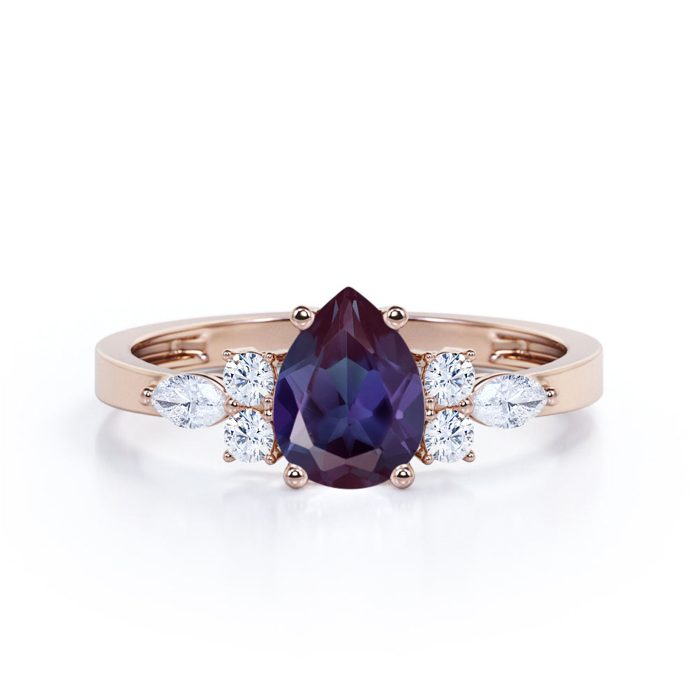 Four Prong Basket Set 1.45 Carat Pear Cut Lab Created Alexandrite  And Diamond  Seven Stone Engagement Ring In White Gold