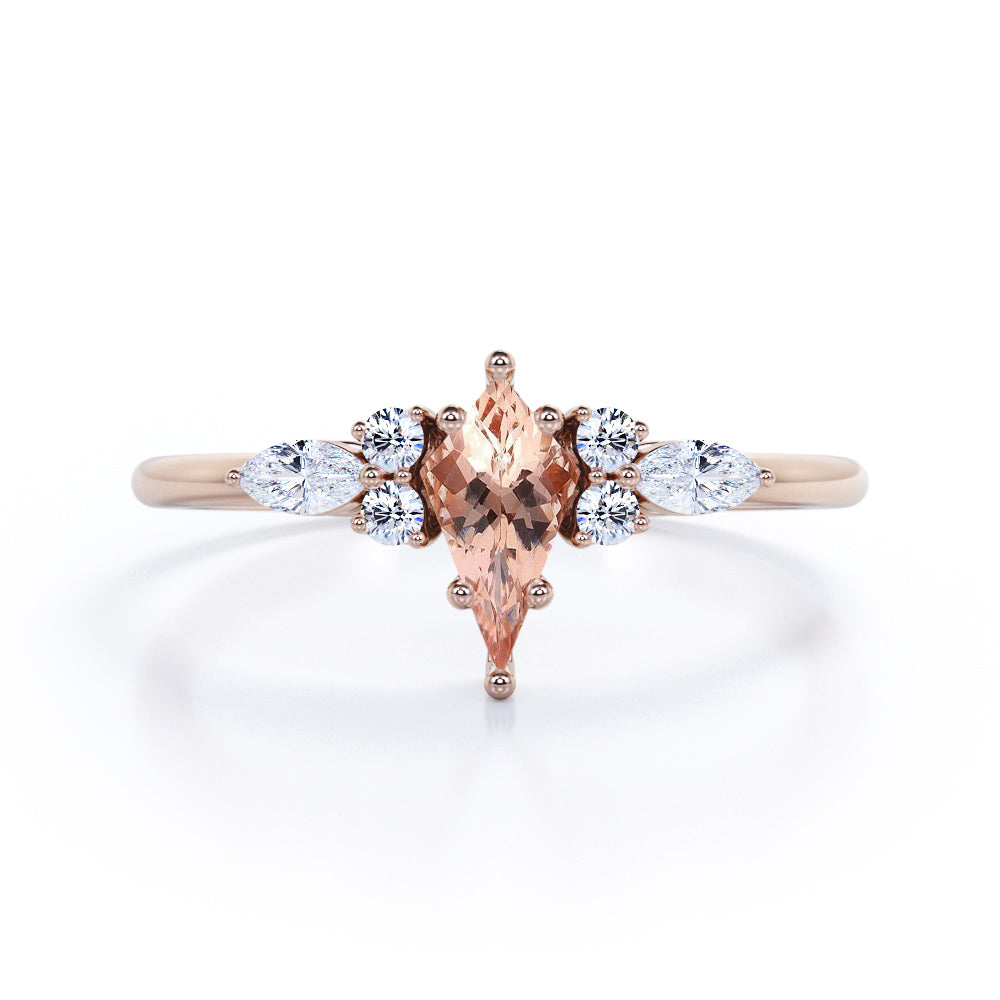 Classic Seven Stone 0.55 carat Kite Morganite and Moissanite Dainty Engagement Ring in White Gold