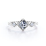 1 Carat Princess Cut Moissanite And Diamond Three Stone Pave Engagement Ring In White Gold