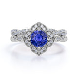 Art Deco Milgrain 2.25 Carat Round Cut Sapphire and Diamond Halo Wedding Set with Infinity Band in White Gold