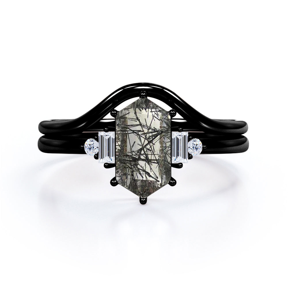 Modern Six Prong Basket Set 1.15 Carat Hexagon Shaped Dendritic Black Rutilated Quartz And Diamond Five Stone Curved Bridal Set In White Gold