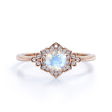 Leaf Design 1.50 Carat Round Cut Blue Moonstone and Diamond Channel Engagement Ring in Rose Gold