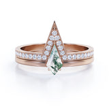 Modern 0.75 carat Kite Shaped Moss Agate and Moissanite Bridal Ring Set in White Gold