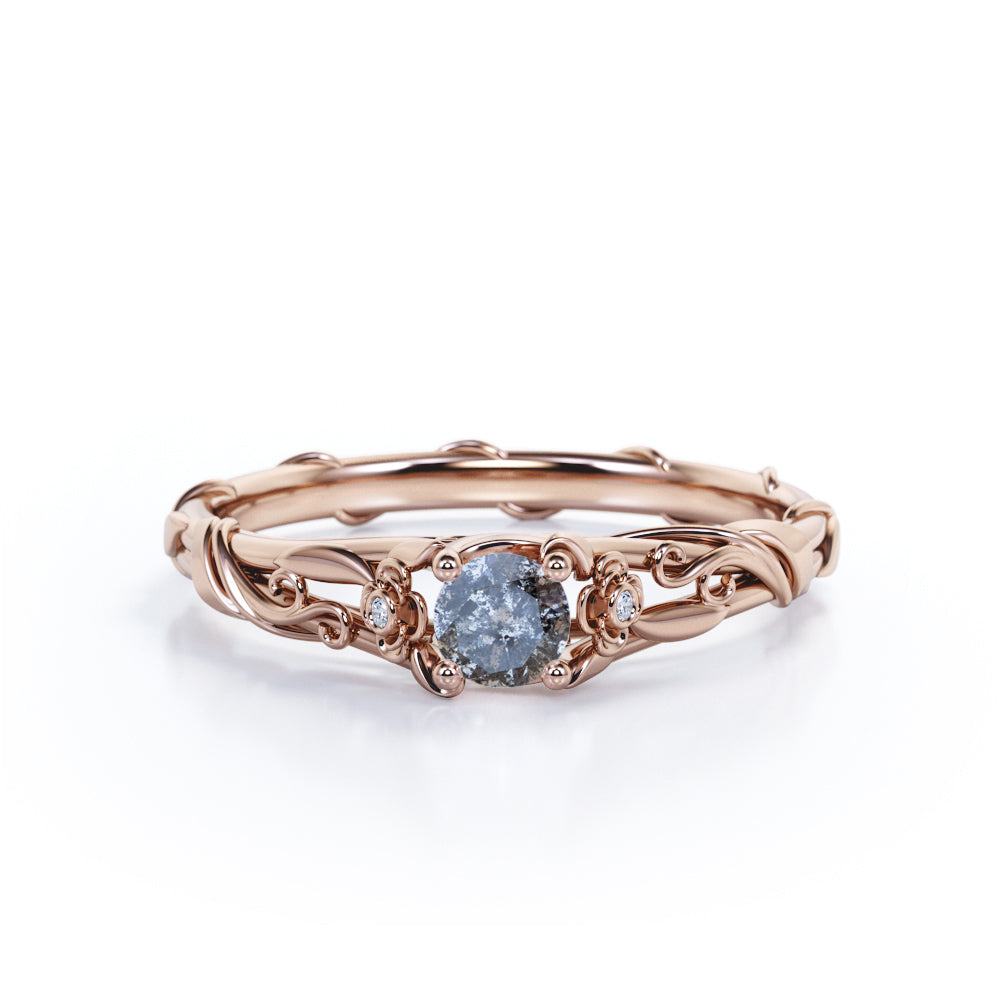 Leaf 0.45 Ct Round Salt and Pepper Diamond Engagement Ring