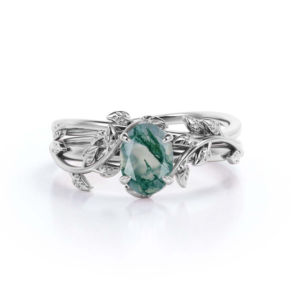 Swirl Vine Band 1 carat Oval Moss Agate Wedding Ring Set - Perfect Gift For Her in White Gold