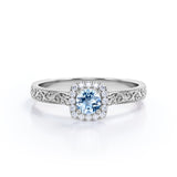 Vintage 1.10 Carat Round Cut Aquamarine And Diamond Halo Engagement Ring In White Gold