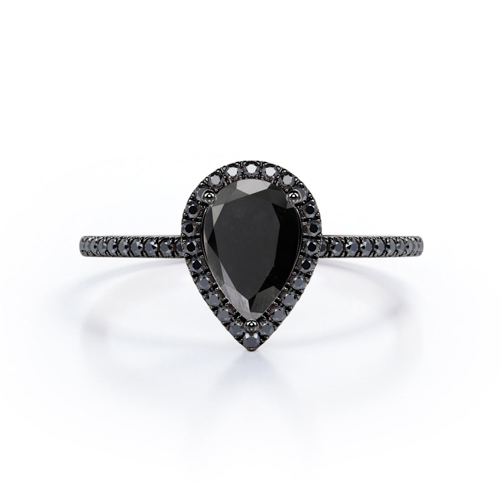 1.45 ct Pear Lab Black Diamond Halo Pave Engagement Ring