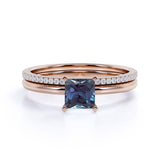 4 Prong Solitaire 1.25 Carat Princess Cut Simulated Alexandrite and Diamond Pave Bridal Set Rings