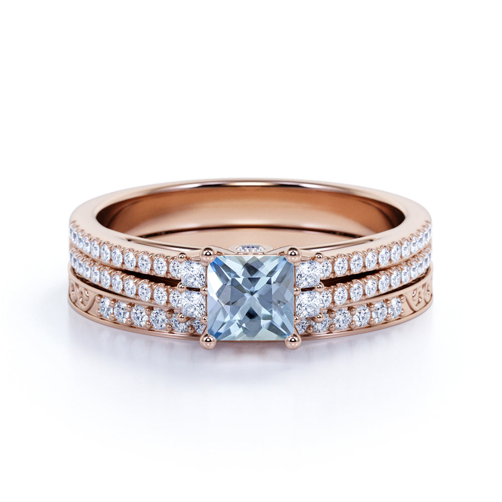 1.50 Carat princess cut Aquamarine and Diamond Halo Wedding Set in White Gold