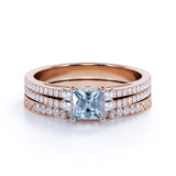 1.50 Carat princess cut Aquamarine and Diamond Halo Wedding Set in White Gold