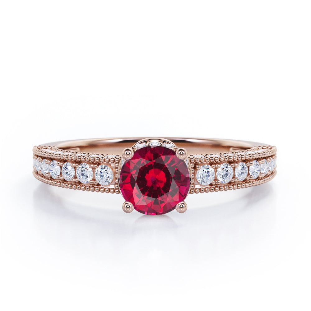 Classic Four Prong 1.45 Carat Round Cut Lab Ruby And Diamond Vintage Milgrain Engagement Ring In White Gold