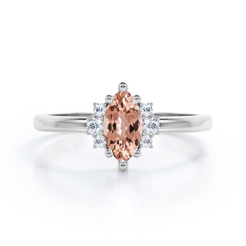 Minimal Seven Stones 0.55 carat Marquise Morganite and Moissanite Anniversary Ring in Rose Gold For Her