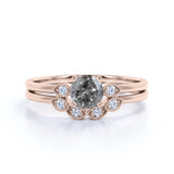 Minimalist 3 Stone 0.75 Carat Round Cut Icy Dark Grey Salt and Pepper Diamond and Curved Art Deco Band Wedding Ring Sets