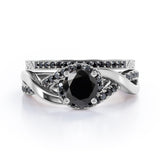 Filigree Tension-Halo 1.5 TCW Round Shape Lab Created Black Diamond Twisted Half Pave Wedding Set in White Gold