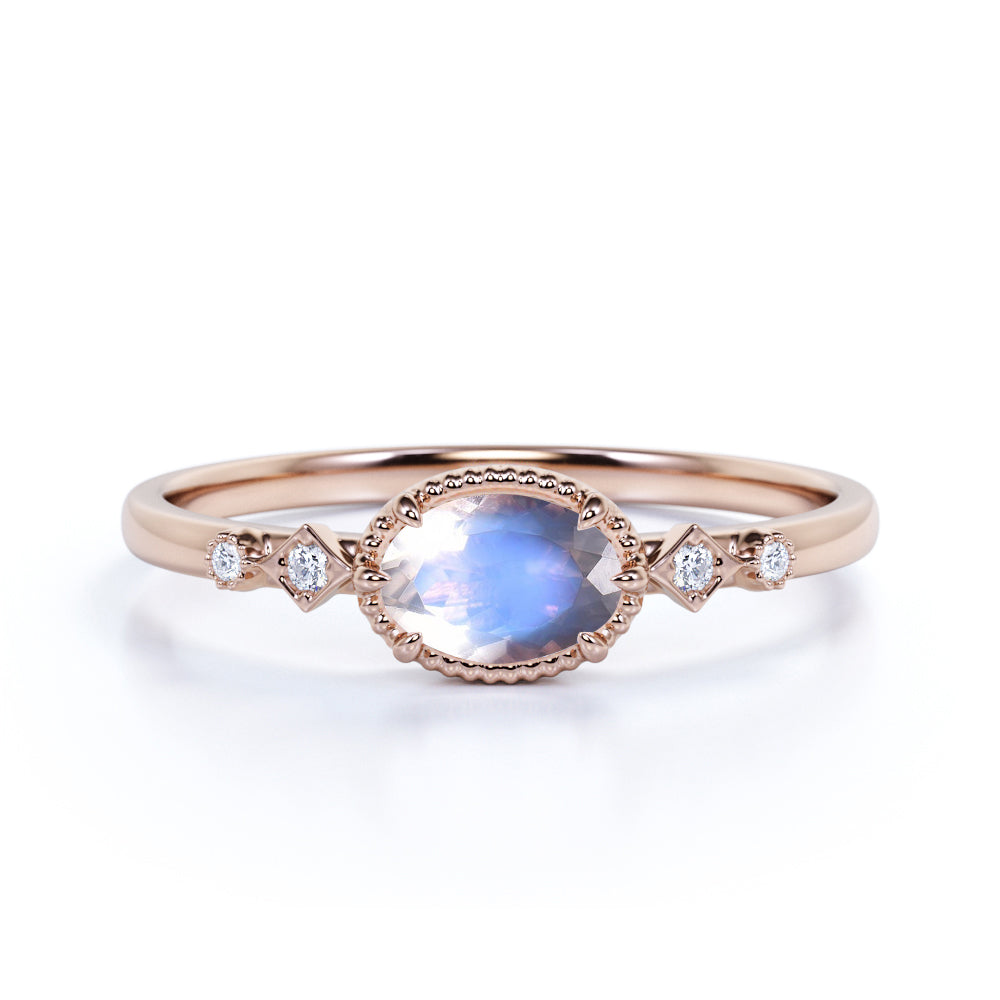 Bestselling East West 1.10 Carat Oval Cut Rainbow Moonstone and Diamond Bezel Engagement Ring in White Gold