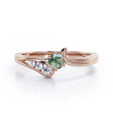 Curved Band - Six Prongs 0.5 carat Round Green Moss Agate and Moissanite Artistic Engagement Ring in Rose Gold