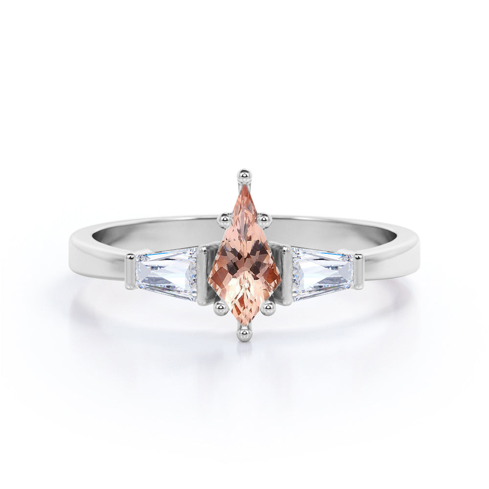 Trio Bezel Stone - 0.6 carat Kite Morganite and Moissanite Engagement Ring In Rose Gold