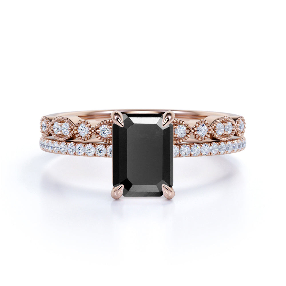 Affordable 1.50 Carat Emerald cut Lab Black Diamond Antique Wedding Ring Set in White Gold