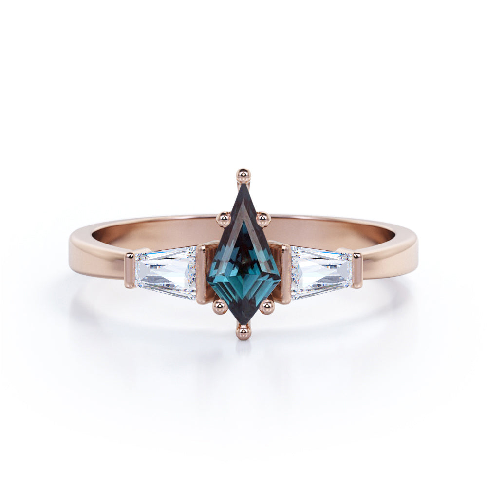 Tapered Six Prong 1.15 Carat Kite Shaped Lab Created Alexandrite And Diamond Three Stone Trilogy Engagement Ring In White Gold