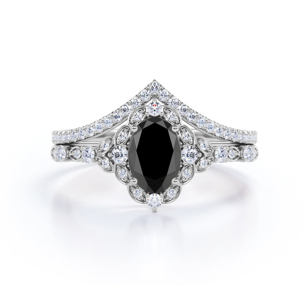 Antique Artdeco 1.25 Oval cut Lab Black Diamond Wedding Bridal Set in Rose Gold