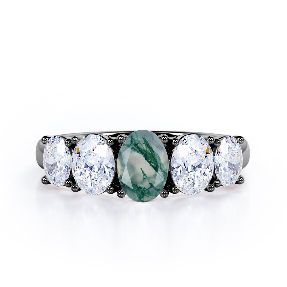 Oval Basket Set 1.25 carat Moss Green Agate and moissanite Fine Jewelry Ring in Rose Gold