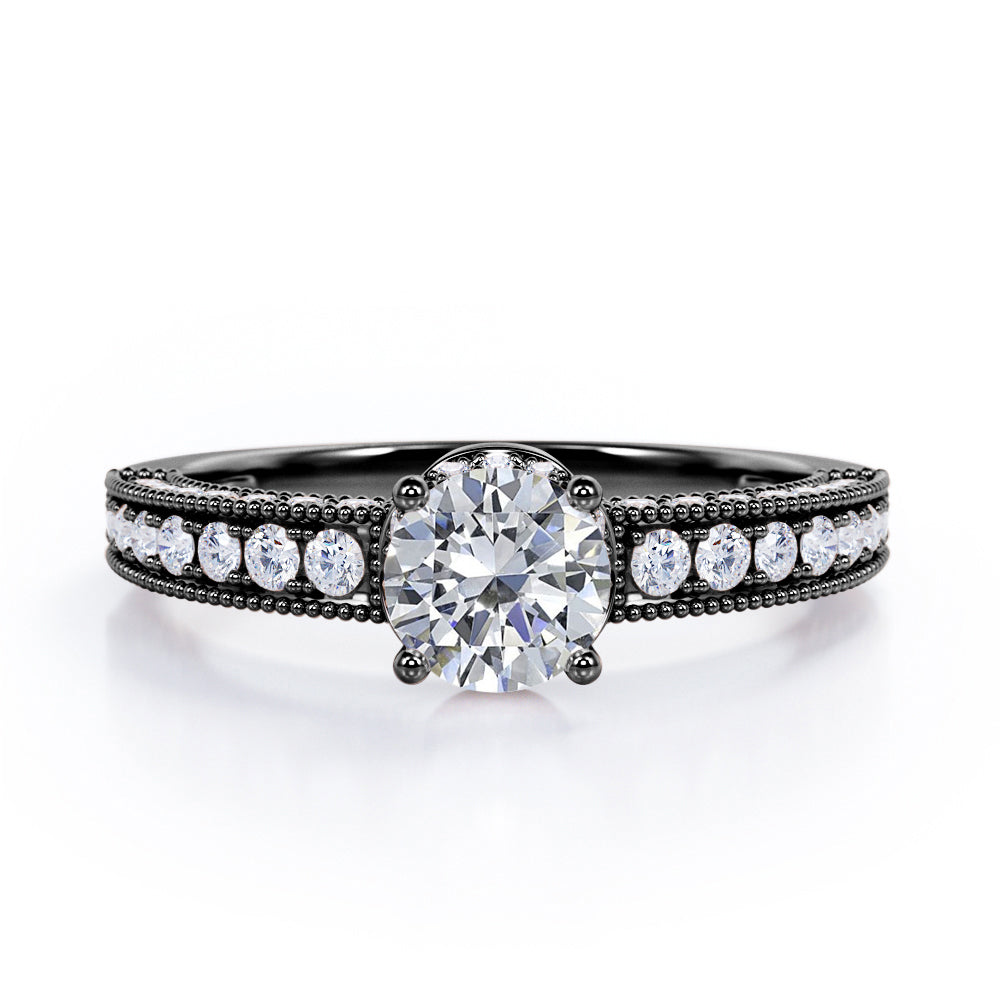 Classic Four Prong 1.45 Carat Round Cut Moissanite And Diamond Vintage Milgrain Engagement Ring In Rose Gold