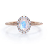 1.50 Carat Oval Blue Moonstone Halo Engagement Ring in White Gold - Moonstone Statement Ring