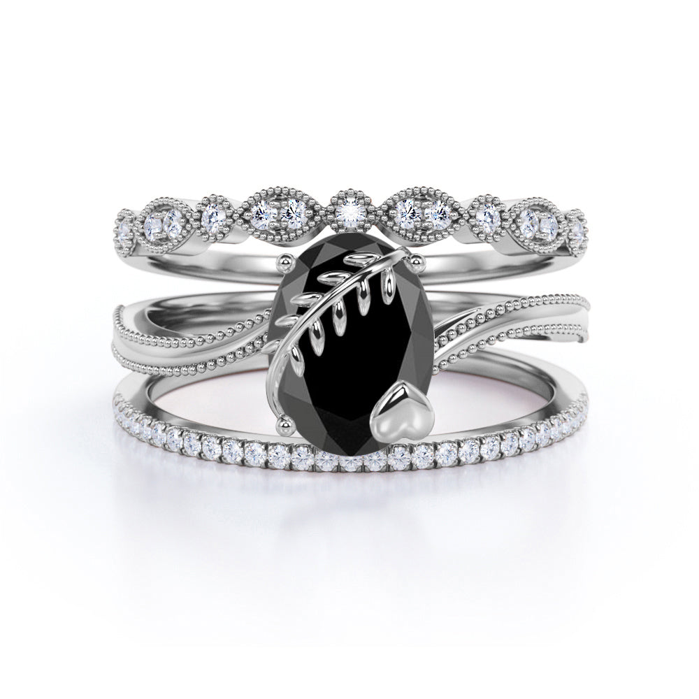 Bestselling 1.50 Carat Oval cut Lab Black Diamond Trio Wedding Ring Set in Rose Gold