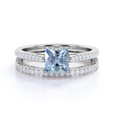 Perfect 1.50 Carat princess cut Aquamarine and Diamond Wedding Ring Set in White Gold