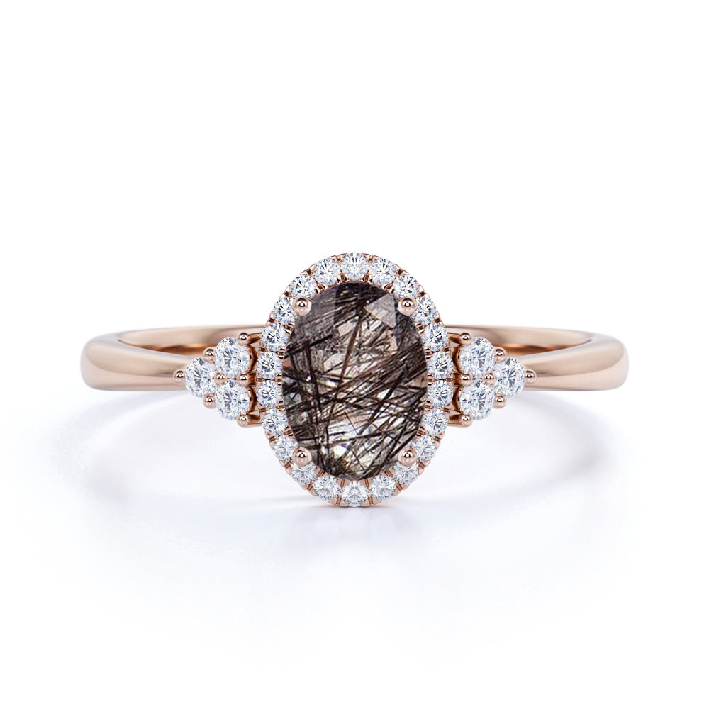 Modern Halo 1.50 Carat Oval Cut Brown Needles Rutilated Quartz and Diamond Cluster Engagement Ring