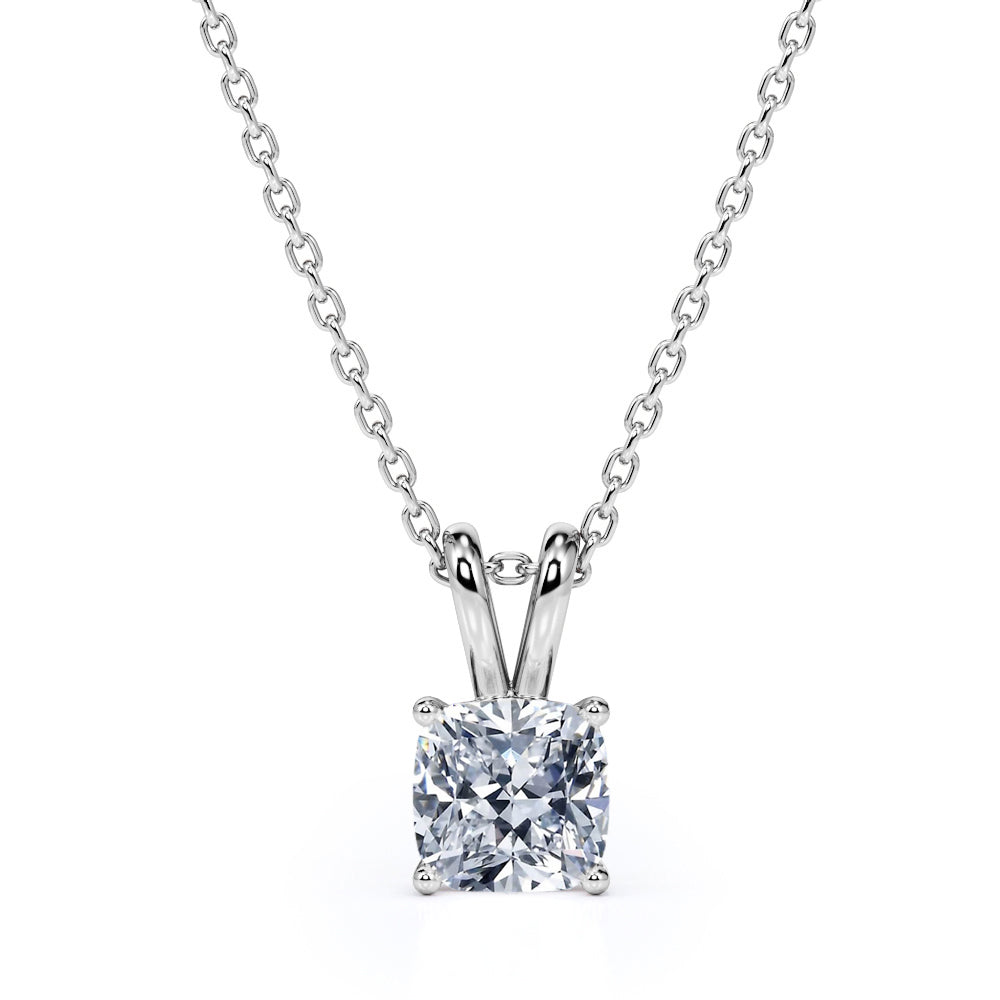 Simple Solitaire 1 Carat Cushion Cut Certified Moissanite Stud Pendant Necklace in White Gold