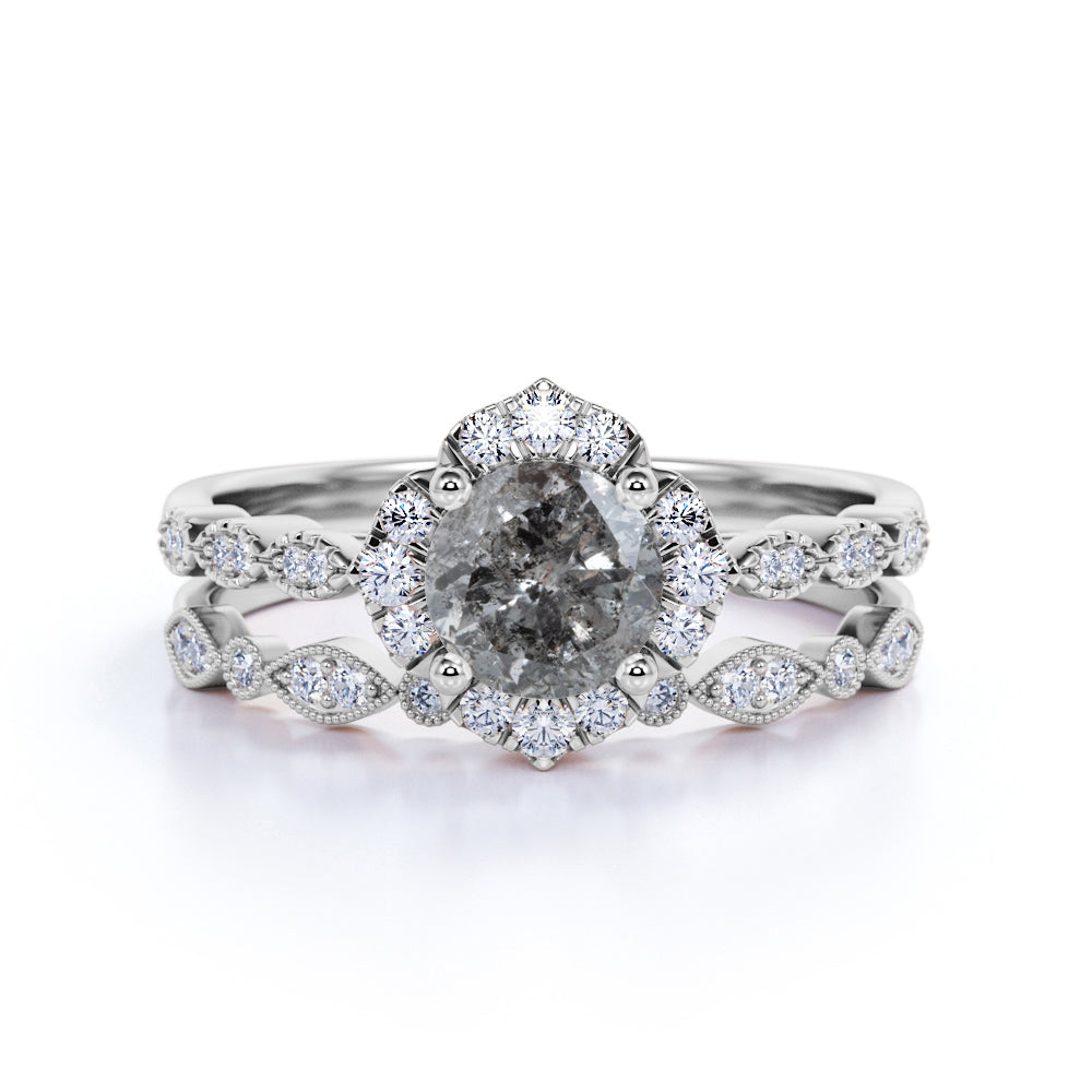 1 Ct Round Salt and Pepper Diamond Flower Wedding Ring Set