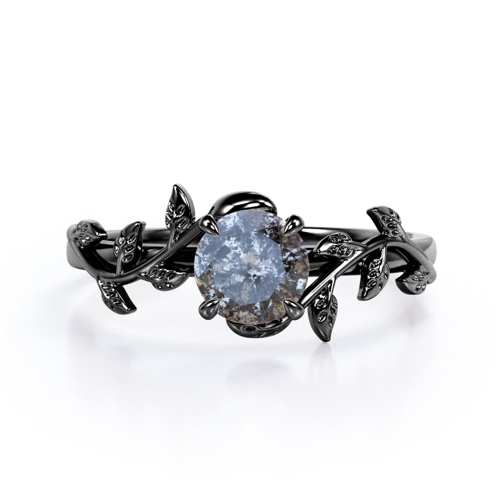 Solitaire 0.50 Carat Round Cut Genuine Icy Dark Grey Salt and Pepper Diamond Nature Inspired Engagement Ring In White Gold.